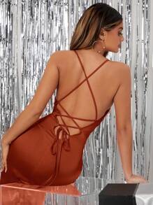 SHEIN SXY Váy ngủ thời trang gợi cảm màu trơn cổ khoét sâu xẻ tà bên hông dành cho nữ - màu nâu - Xem 2