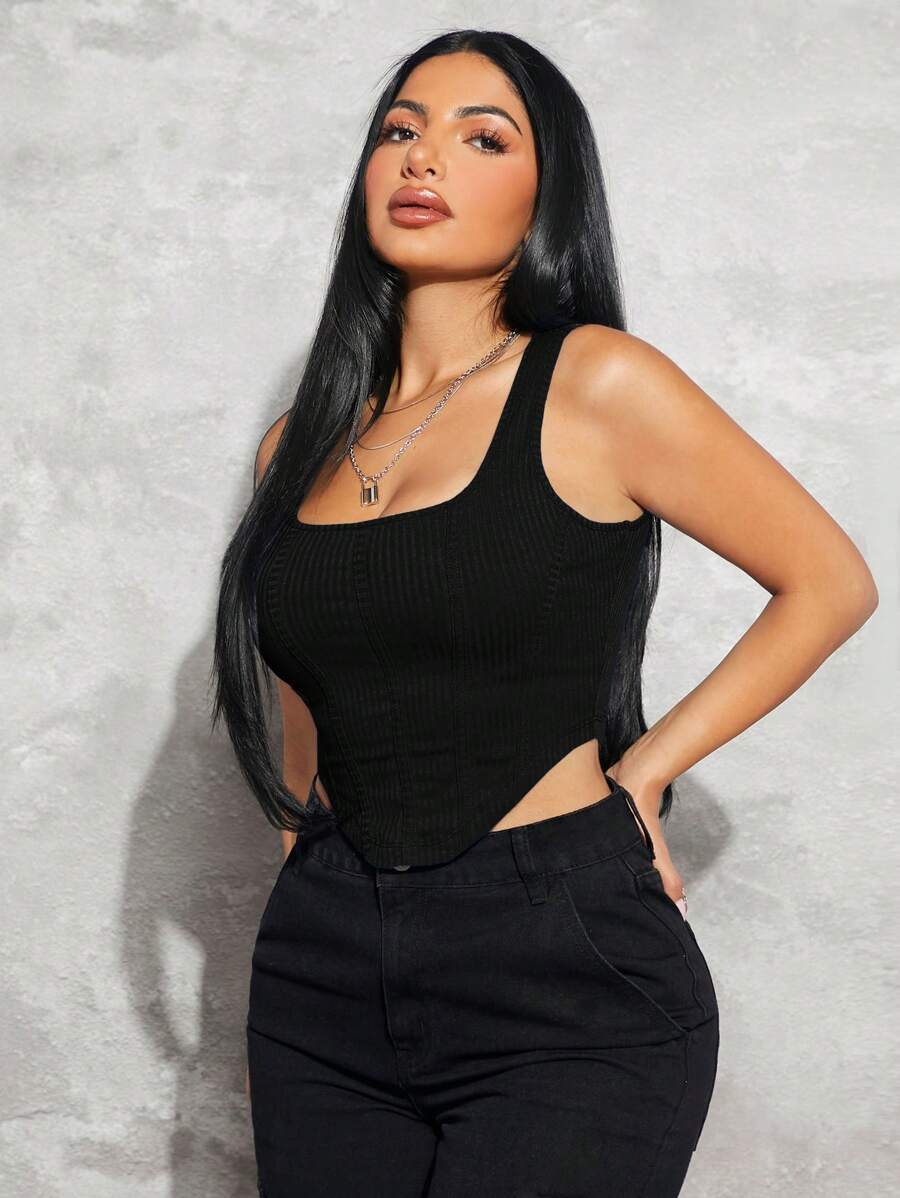 SHEIN SXY Solid Asymmetrical Hem Tank Top - Black - View 1