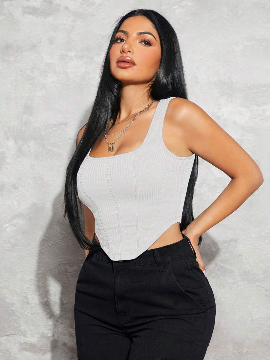 SHEIN SXY 素色不對稱下擺背心上衣 - 白色 - 查看 1