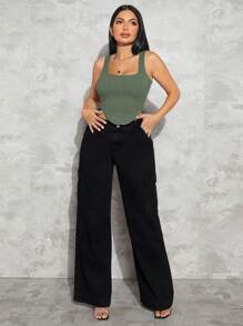 SHEIN SXY Top tank unicolor bajo asimétrico - Verde militar - Ver 4