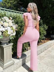 SHEIN SXY Áo liền quần nữ Tương phản ren phân lớp màu trơn Thanh lịch - Màu Hồng baby - Xem 2