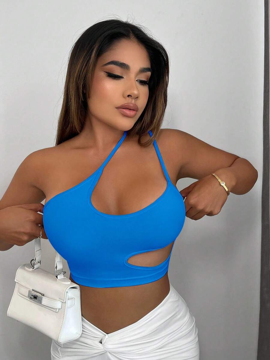 SHEIN SXY One Shoulder Cut Out Crop Top - Royal Blue - View 1