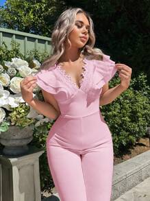 SHEIN SXY Áo liền quần nữ Tương phản ren phân lớp màu trơn Thanh lịch - Màu Hồng baby - Xem 4