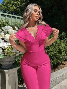 SHEIN SXY Ruffle Trim Flare Leg Jumpsuit - Hot Pink - View 3