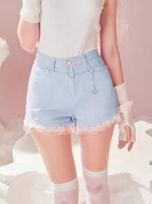 ROMWE Quần short denim nữ Nút Tương phản ren Túi màu trơn - Rửa nhẹ - Xem 1