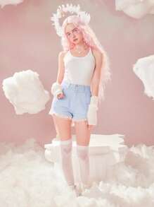 ROMWE Quần short denim nữ Nút Tương phản ren Túi màu trơn - Rửa nhẹ - Xem 2