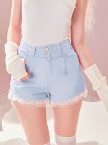 ROMWE Quần short denim nữ Nút Tương phản ren Túi màu trơn - Rửa nhẹ - Xem 3