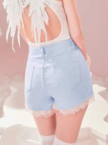 ROMWE Quần short denim nữ Nút Tương phản ren Túi màu trơn - Rửa nhẹ - Xem 4