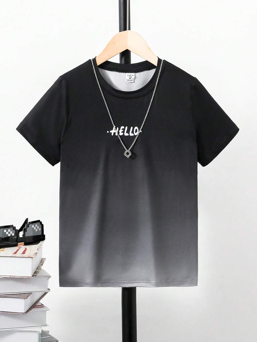 SHEIN 男孩字母圖案漸層T恤 - 黑色 - 查看 1