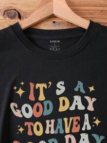 SHEIN LUNE 標語圖案T恤 - 黑色 - 查看 3