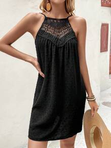 SHEIN LUNE Swiss Dot Contrast Guipure Lace Cami Dress - Black - View 4