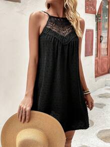 SHEIN LUNE Swiss Dot Contrast Guipure Lace Cami Dress - Black - View 5