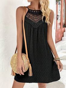 SHEIN LUNE Swiss Dot Contrast Guipure Lace Cami Dress - Black - View 7