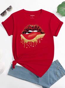 SHEIN LUNE 嘴唇印花T恤 - 紅色 - 查看 1