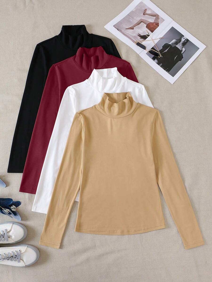 SHEIN Essnce 4pcs Solid Mock Neck Tee - Multicolor - View 1
