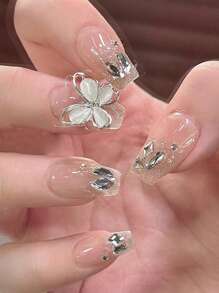 3D蝴蝶裝飾浪漫壓克力假指甲，24入組短棺形假指甲、1支指甲檔、1片膠帶美甲用品 - 彩色 - 查看 2