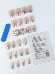 3D蝴蝶裝飾浪漫壓克力假指甲，24入組短棺形假指甲、1支指甲檔、1片膠帶美甲用品 - 彩色 - 查看 3