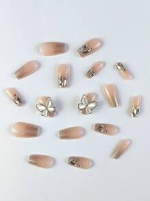 3D蝴蝶裝飾浪漫壓克力假指甲，24入組短棺形假指甲、1支指甲檔、1片膠帶美甲用品 - 彩色 - 查看 6