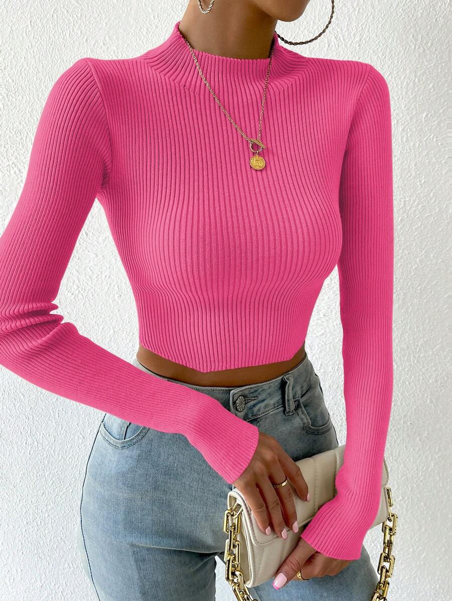 SHEIN Essnce Jersey crop de cuello alto tejido de canalé - Rosa - Ver 1