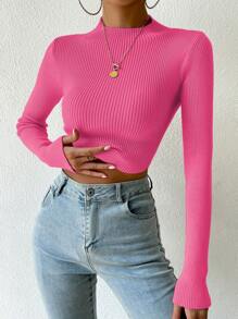 SHEIN Essnce Jersey crop de cuello alto tejido de canalé - Rosa - Ver 3