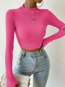 SHEIN Essnce Jersey crop de cuello alto tejido de canalé - Rosa - Ver 4