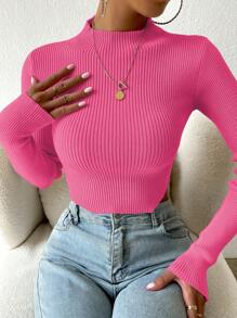 SHEIN Essnce Jersey crop de cuello alto tejido de canalé - Rosa - Ver 5