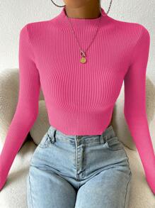 SHEIN Essnce Jersey crop de cuello alto tejido de canalé - Rosa - Ver 6