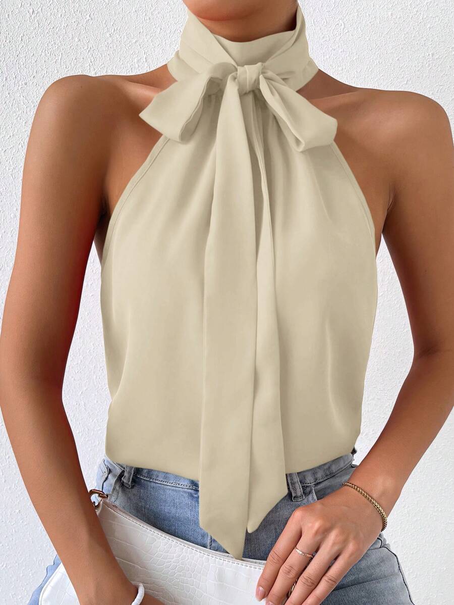 SHEIN Privé Solid Tie Neck Halter Blouse - Apricot - View 1