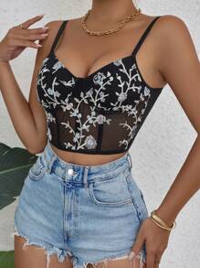 Zolique Floral Embroidery Mesh Cami Top - Black - View 5