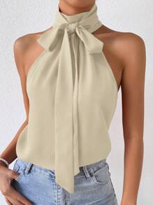 SHEIN Privé Solid Tie Neck Halter Blouse - Apricot - View 3