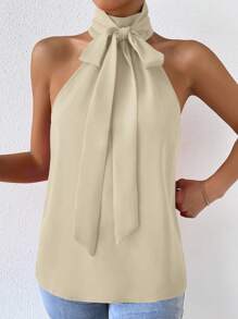 SHEIN Privé Solid Tie Neck Halter Blouse - Apricot - View 4