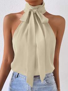 SHEIN Privé Solid Tie Neck Halter Blouse - Apricot - View 5