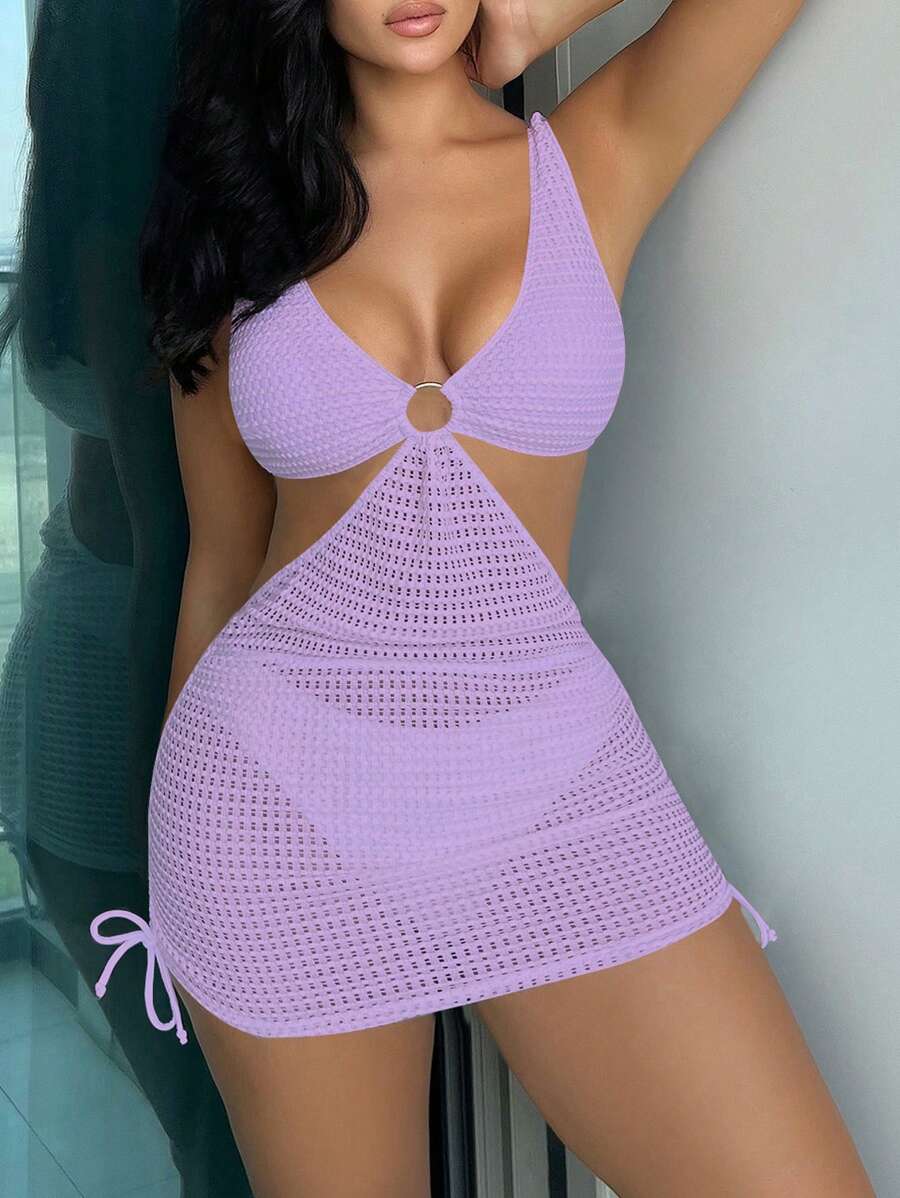 Swim SXY Bộ Bikini Nữ Cắt ra Nhẫn màu trơn - Màu tím - Xem 1