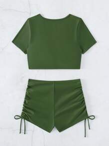 Drawstring Front Shorts Bikini Set For Summer Beach - Army Green - View 2