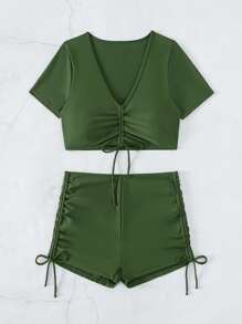 Drawstring Front Shorts Bikini Set For Summer Beach - Army Green - View 3