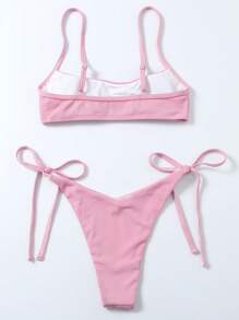 Swim Basics Summer Beach Solid Tie Side Bikini Set - Pink - View 2