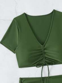 Drawstring Front Shorts Bikini Set For Summer Beach - Army Green - View 4