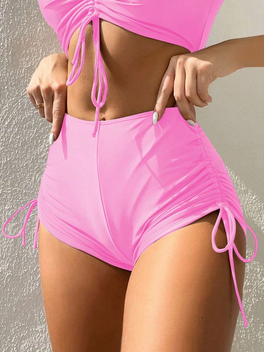 Drawstring Side Bikini Bottom, For Summer Beach Vacation - Pink - View 1