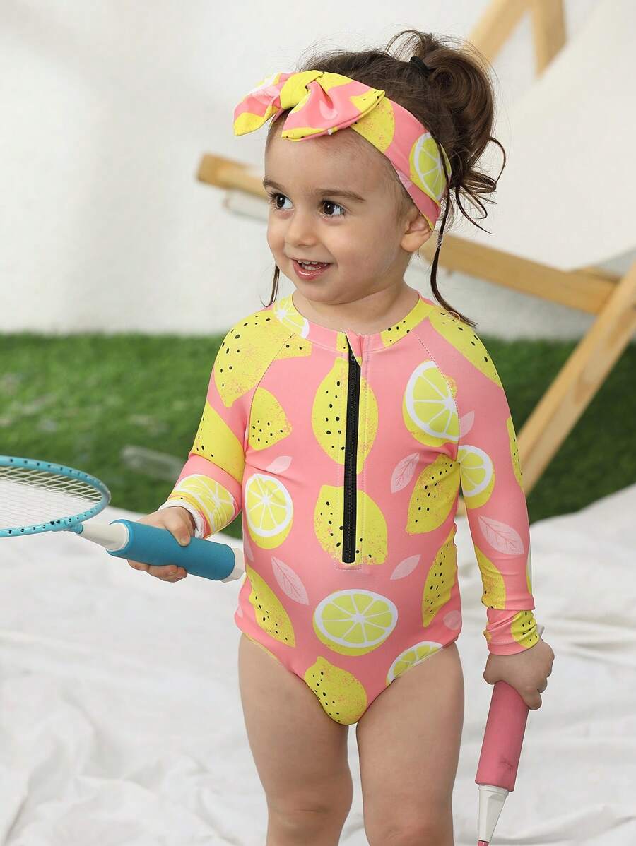 Baby Lemon Print Zipper Front One Piece Swimsuit With Headband - Pink - View 1