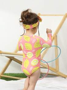 Baby Lemon Print Zipper Front One Piece Swimsuit With Headband - Pink - View 2