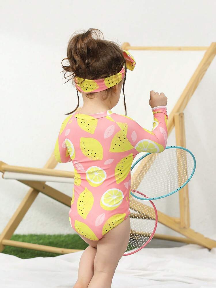 Baby Lemon Print Zipper Front One Piece Swimsuit With Headband - Pink - View 2