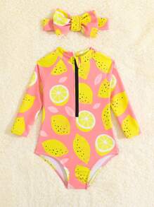 Baby Lemon Print Zipper Front One Piece Swimsuit With Headband - Pink - View 3