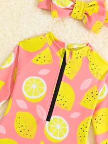 Baby Lemon Print Zipper Front One Piece Swimsuit With Headband - Pink - View 4