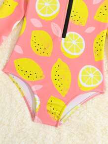 Baby Lemon Print Zipper Front One Piece Swimsuit With Headband - Pink - View 5