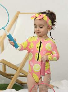 Baby Lemon Print Zipper Front One Piece Swimsuit With Headband - Pink - View 7