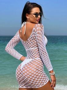 Swim SXY 鏤空漁網緊身罩衫連衣裙不附帶比基尼套裝