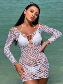 Swim SXY 鏤空漁網緊身罩衫連衣裙不附帶比基尼套裝