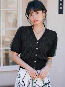 DAZY Puff Sleeve Button Front Cardigan - Black - View 2