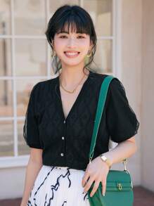 DAZY Puff Sleeve Button Front Cardigan - Black - View 6