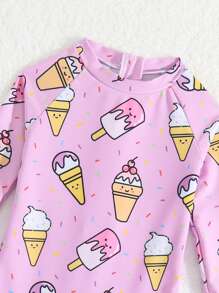 寶寶女孩冰淇淋印花後拉鍊一件式泳衣 - 粉色 - 查看 3